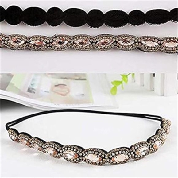 Rhinestone Beaded Elastic Headband, Fashionable Handmade Crystal Beaded Elastic - Picture 4 of 7